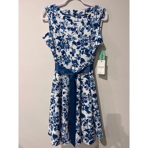 Haani New York Petite Blue Floral Fit and Flare Dress Sleeveless PL NWT